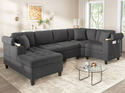 U Shaped Sectional Sofa, Corner Living Room Couch With Built In Cup Holders, Storage, USB Ports