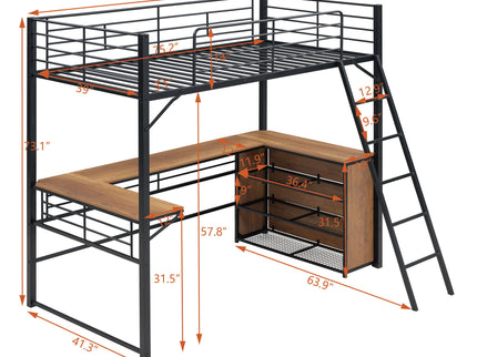 Loft Bed & 3 Layers Of Shelves And L-Shaped Desk