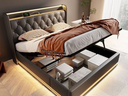 Upholstered Bed, 360 Surround LED Function, Remote Control, Hydraulic Storage Bed With USB, Type-C Charging (Without Mattress)