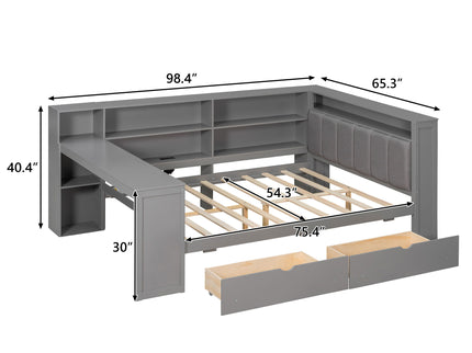 Platform Bed With Upholstered Headboard, Storage Shelves, Drawers, Charging Station, LED Lighting, Built In Desk