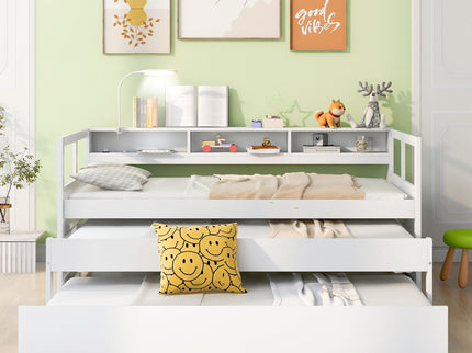 Daybed With 2 Trundles, 3 Storage Cubbies, Built In USB Charging Light