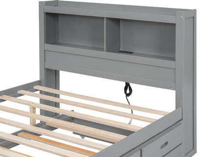 Full Size Platform Bed With Trundle, Drawers, USB Ports And Built In Shelves - Gray