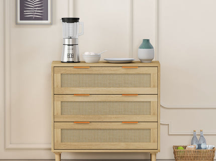 3 Drawer Storage Cabinet With Rattan Drawers For Bedroom, Living Room - Oak