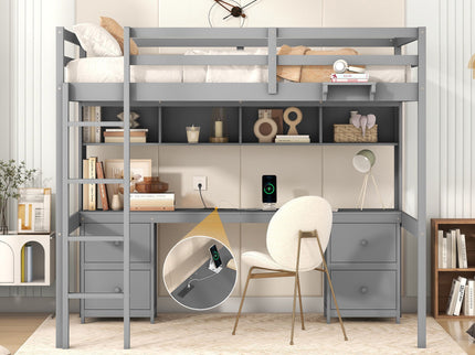 Loft Bed With Desk, Cabinets, Drawers, Charging Station And Bedside Tray