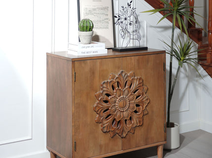 2 Door Accent Storage Cabinet With Floral Design, Sideboard For Living Room - Dark Brown
