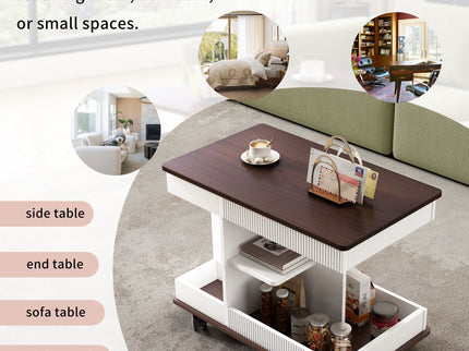 Adjustable End Table With Wheels, 360°Rotating Top And Storage Space