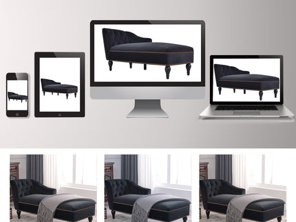 Velvet Chaise Lounge, Button Tufted Right Arm Facing Lounge Chair With Nailhead Trim For Living Room - Black