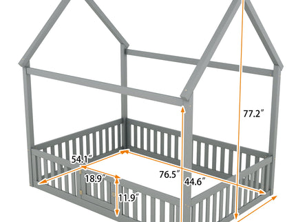 Wood House Bed With Fence And Door