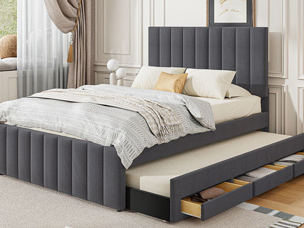 Upholstered Platform Bed With Twin Size Trundle And 3 Drawers