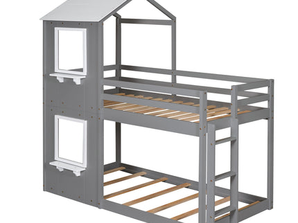 Bunk Bed Wood Bed & Roof, Window, Guardrail, Ladder