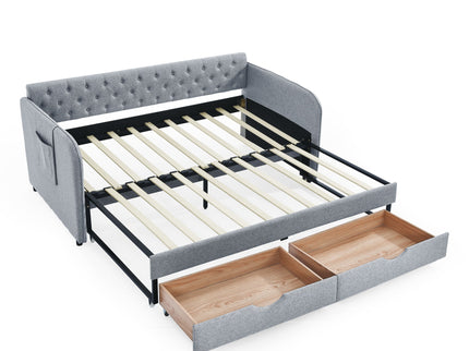 Daybed With Trundle And Storage Drawers, Flat Arms With Pocket