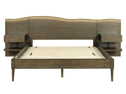 Queen Size Platform Bed Frame With Live Edge Headboard, Built In Nightstands - Dark Brown