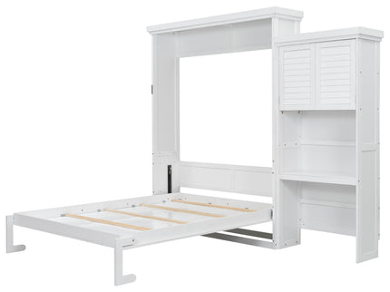 Queen Size Murphy Bed With Louvered Design And Multiple Storage Shelves - White
