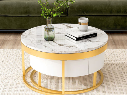 Round Nesting Coffee Table With Drawers - Golden / White