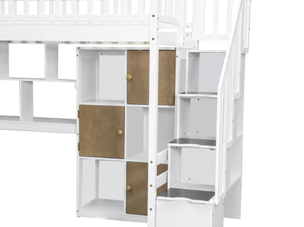 Loft Bed With Built In L Shaped Desk, LED Lights, Storage Shelves, Cabinets, And Staircase