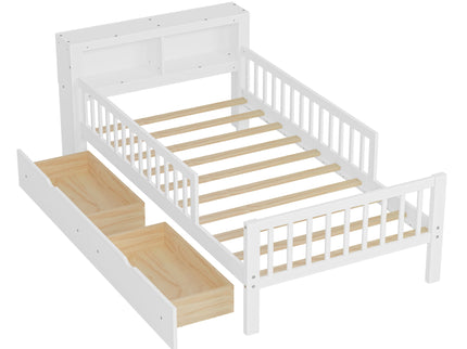 Bed With Headboard Storage Rack, 2 Under Bed Drawers, 3 Side Guardrails For Safety