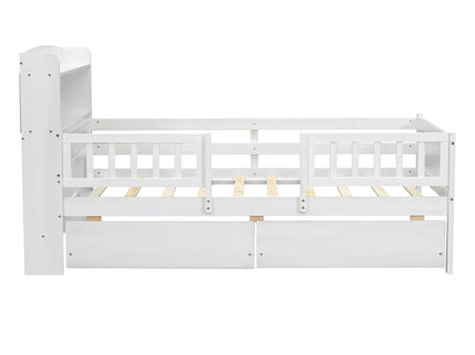 Platform Bed With LED Light, Multi Functional Headboard, Guardrail And 2 Drawers