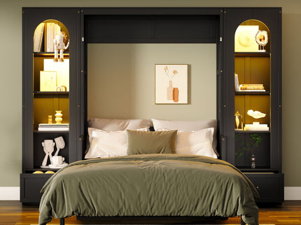 French Style Murphy Platform Bed With Shelf, Side Cabinets, Drawers And LED