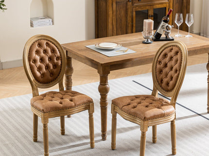 French Style Solid Wood Frame Antique Painting, Hand-Pulled Buckle Decoration Artificial Dining Chair With Nailhead Trim, Wood Legs