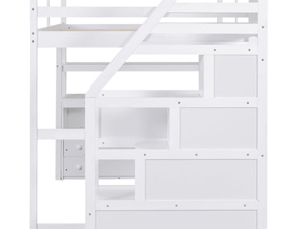 Loft Bed With Desk, Shelves, 2 Drawers, Storage Staircase