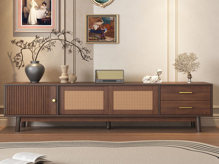 TV Stand For 80" TVs With Sliding Doors And Drawers, Accent Storage Unit - Dark Brown