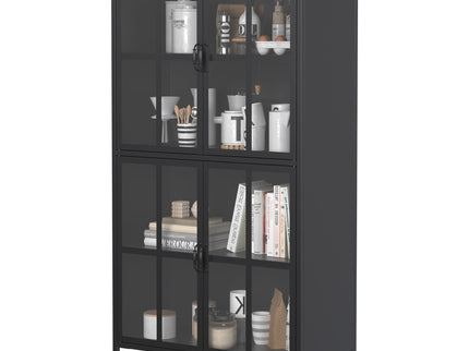 Premium Metal Storage Cabinet With Tempered Glass Doors, Adjustable Shelves, And Anti Tipping Device - Black