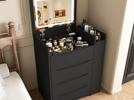 Flip Mirror Vanity Desk With Adjustable LED Lights & Stool For Bedroom