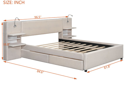 Upholstered Platform Bed With Reading Lights, Drawers, Trundle And Shelves