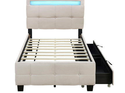 Upholstered Platform Bed With LED Frame, With Trundle And 2 Drawers