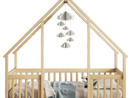 Wood House-Shaped Floor Bed With Fence, Guardrails
