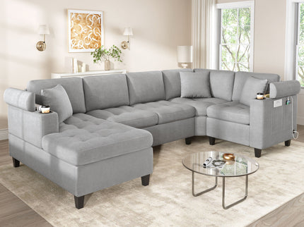 U Shaped Sectional Sofa, Corner Living Room Couch With Built In Cup Holders, Storage, USB Ports
