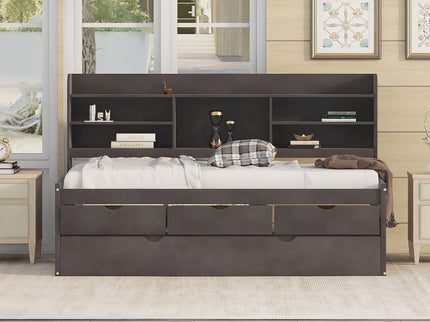 Captain Bed With Built In Bookshelves, 3 Storage Drawers, And Trundle