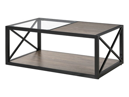 Industrial Style Coffee Table For Bedroom & Living Room With Tempered Glass & Wood Grain - Wood