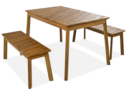 3 Pieces Acacia Wood Table Bench Dining Set For Outdoor & Indoor Furniture With 2 Benches, Picnic Beer Table For Patio, Porch, Garden, Poolside - Natural
