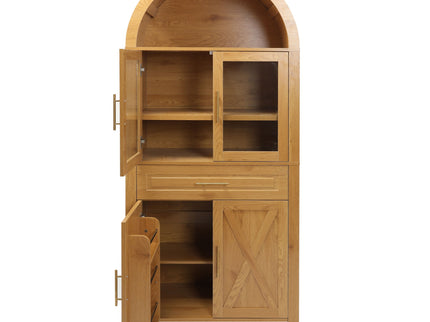 Arched Kitchen Pantry Cabinet With Adjustable Shelves And Barn Door Design
