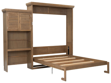 Queen Size Murphy Bed With Louvered Design And Multiple Storage Shelves - Wood