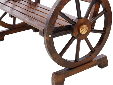 Rustic Country 2 Person Wooden Wagon Wheel Bench With Slatted Seat And Backrest - Brown