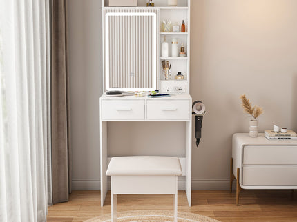 Space Saving Makeup Vanity Desk With Mirror & Adjustable Led Lights, Built-In Power Outlet, Hidden Storage, Includes Stool & Shelf - White