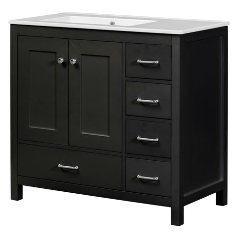 Bathroom Vanity With Ceramic Sink Combo, Abundant Storage Cabinet 2 Soft Close Doors And 5 Drawers