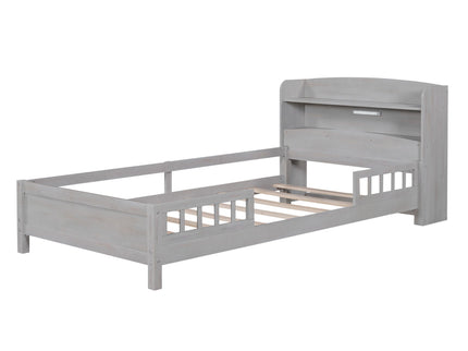 Wood Platform Bed With Built In LED Light, Storage Headboard And Guardrail