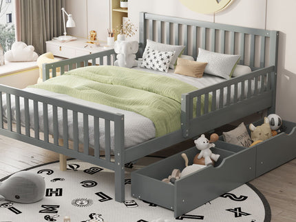 Platform Bed With Guardrails On Both Sides And 2 Storage Drawers