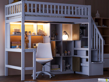 Loft Bed With Built In L Shaped Desk, LED Lights, Storage Shelves, Cabinets, And Staircase