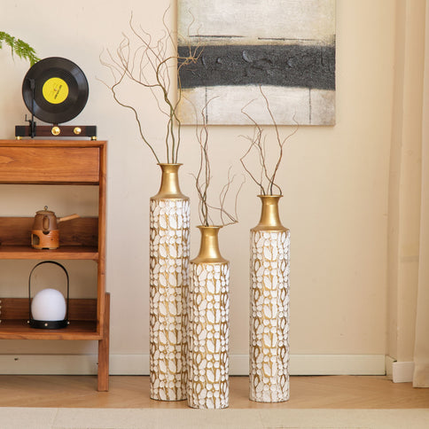 Floor Vases Large Vases Decorative High Vases (Set of 3) For Home Decor Vintage Large Vases Representing Twigs, Twigs Dried Flowers Living Room Antique Worn Vases - Antique White