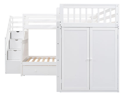 L Shaped Bunk Bed With 3 Drawers, Portable Desk And Wardrobe
