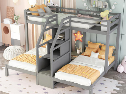 Twin Over Twin & Twin Bunk Bed With Built In Staircase And Storage Drawer - Gray