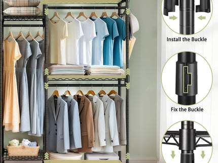 Heavy Duty Garment Rack With 8 Adjustable Wire Shelves And 5 Clothes Rails, Freestanding Closet Organizer Metal - Black