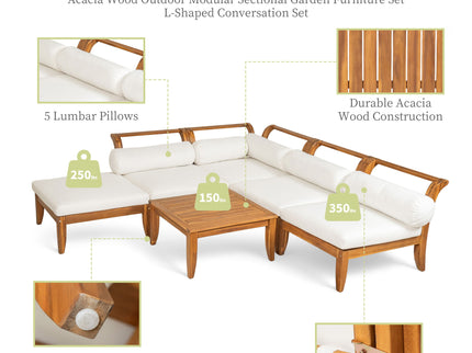 6 Piece Patio Sofa Set, Acacia Wood Outdoor Modular Sectional Garden Furniture Set L Shaped Conversation Set, Convertible Daybed With Tea Table, Ottoman, 5 Cushions And Pillows - Teak / Beige