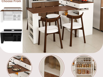 Retro Kitchen Island Set With Chairs, Extendable & Rotating Table, 4 Drawers & Door Cabinets