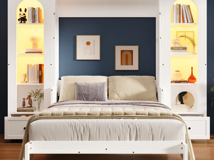 French Style Murphy Platform Bed With Shelf, Side Cabinets, Drawers And LED