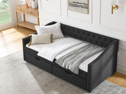 Upholstered Tufted Daybed With 2 Drawers, Waved Arms
